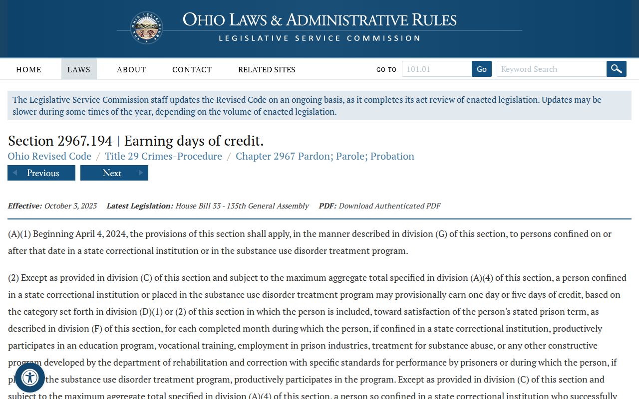 Ohio earned-credit law for a Marion County release date lookup
