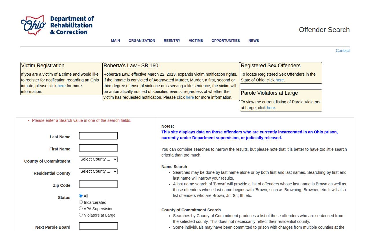 Marion County released inmate fields in ODRC Offender Search