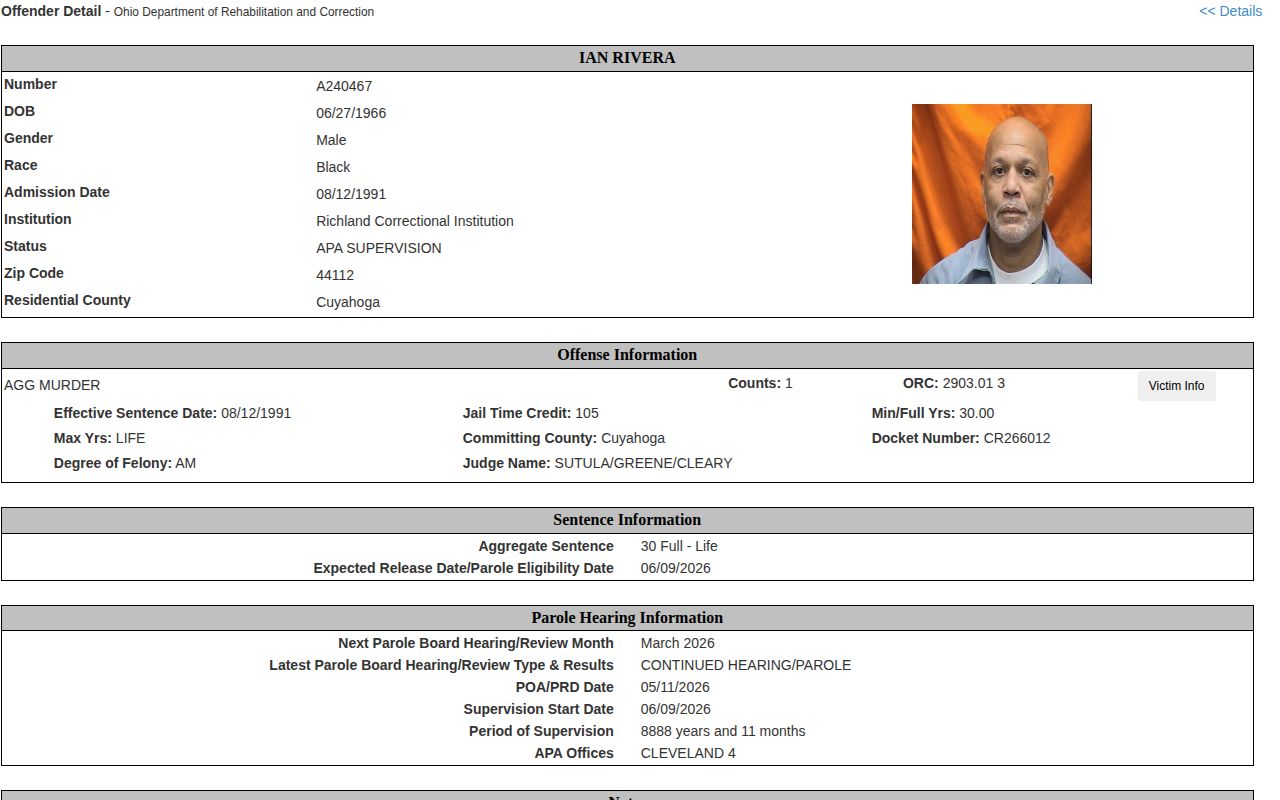 Marion County ODRC released-inmate photo and supervision record example